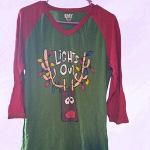 Lazy One lights out quarter sleeve 3/4 reindeer Christmas pj pajamas top green,